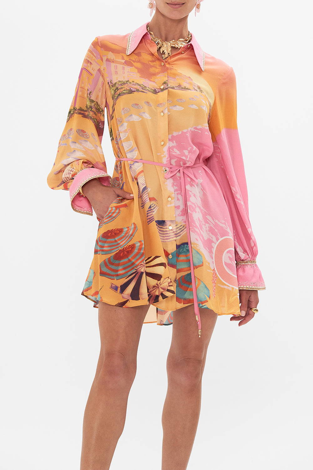 Crop view of model wearing CAMILLA silk shirt dress in Capri Me print