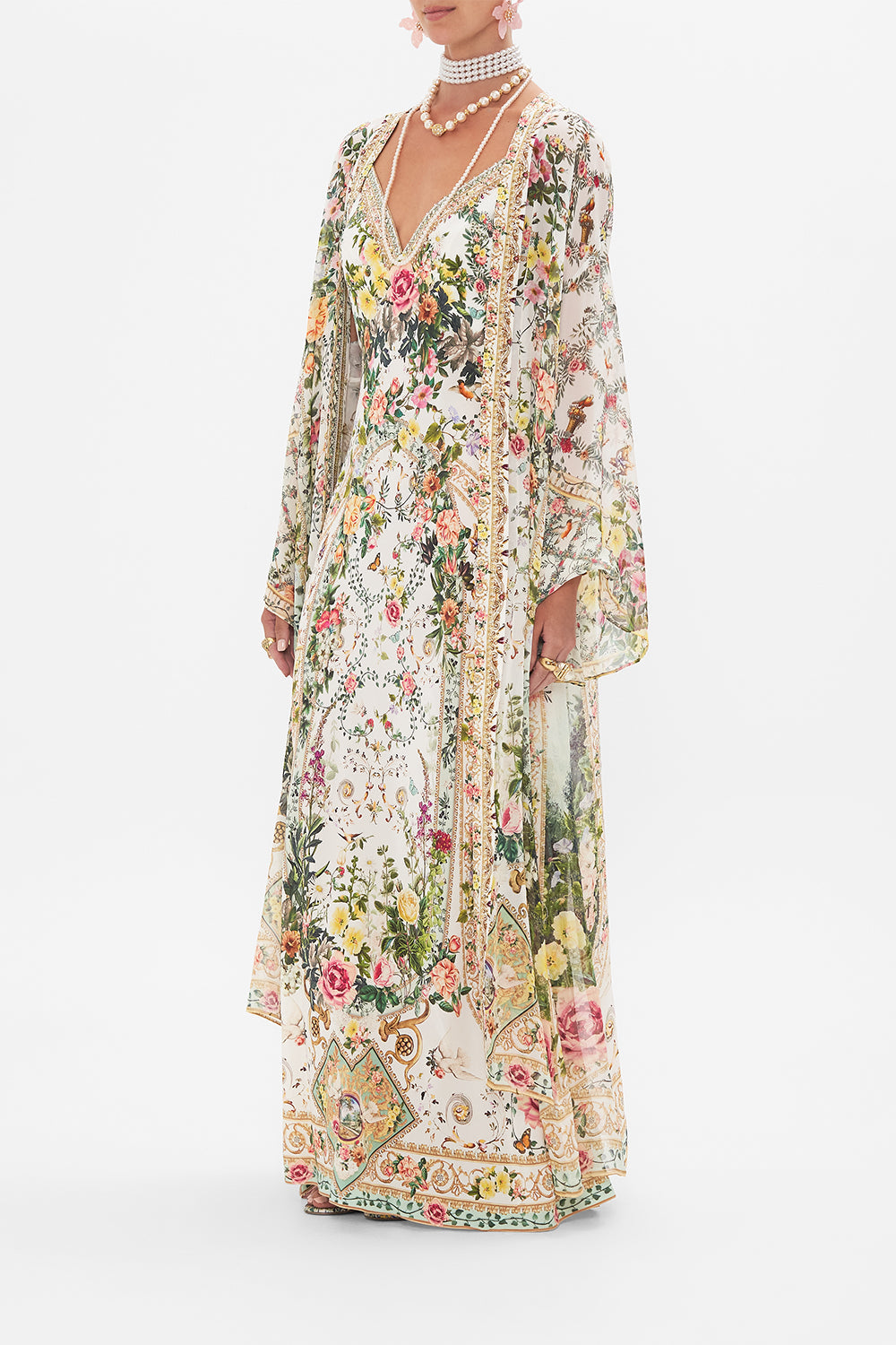 Side view of model wearing CAMILLA silk robe in Renaissance Romance print