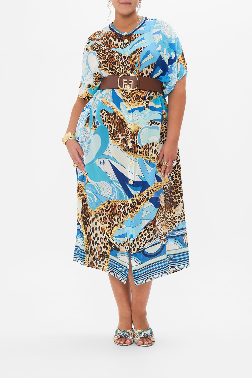 BUTTON THROUGH BATWING KAFTAN SKY CHEETAH