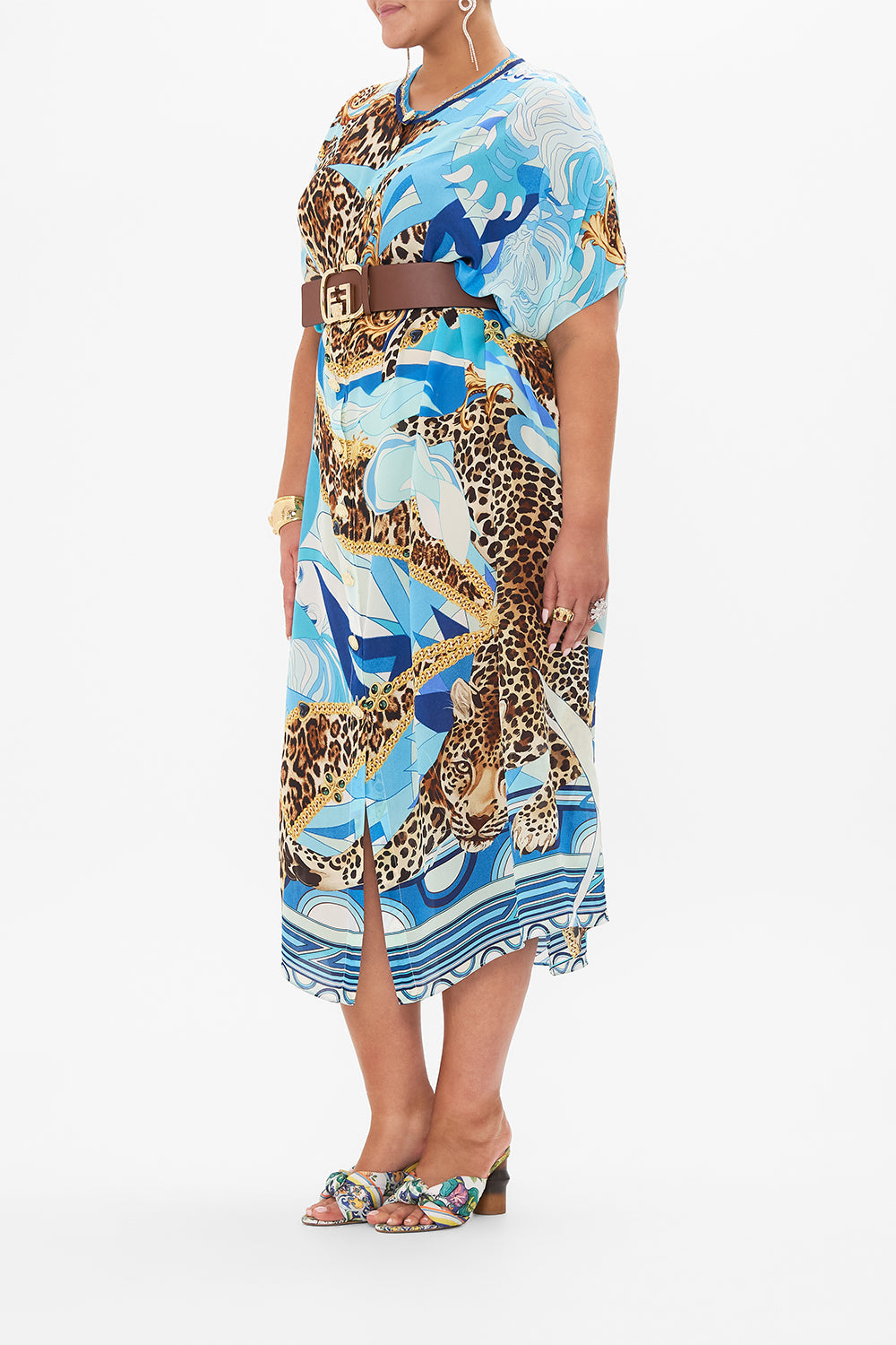 BUTTON THROUGH BATWING KAFTAN SKY CHEETAH