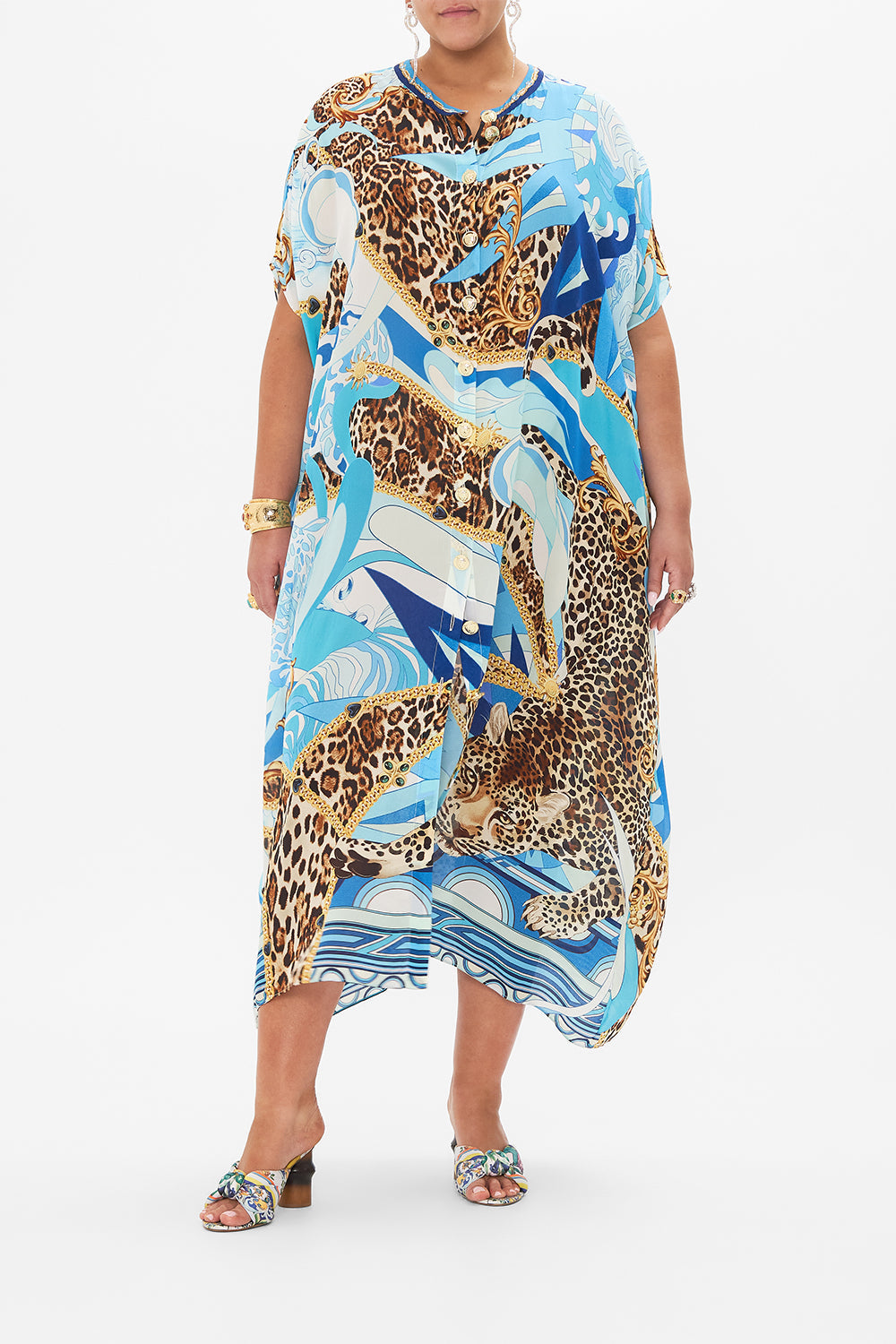 BUTTON THROUGH BATWING KAFTAN SKY CHEETAH