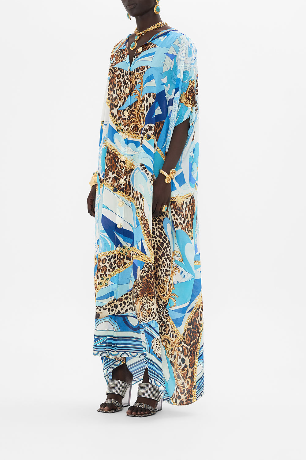 Side view of model wearing CAMILLA silk kaftan in Sky Cheetah print