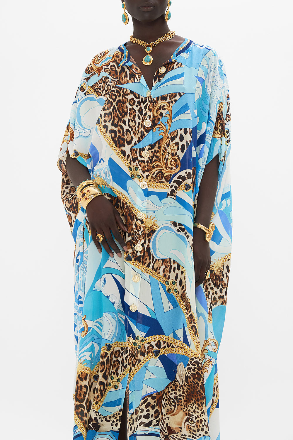 Detail view of model wearing CAMILLA silk kaftan in Sky Cheetah print