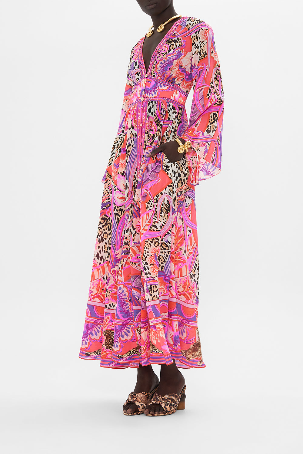 Side view of model wearing CAMILLA silk wide sleeve dress in  Viola Vintage print