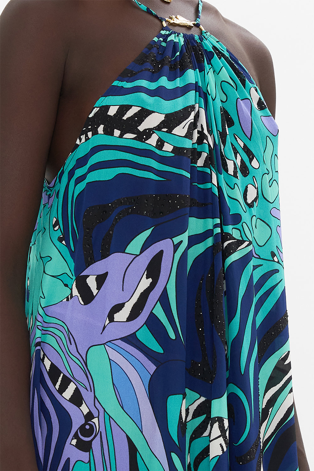 Detail view of model wearing CAMILLA maxi dress in Fresco Fairytale print