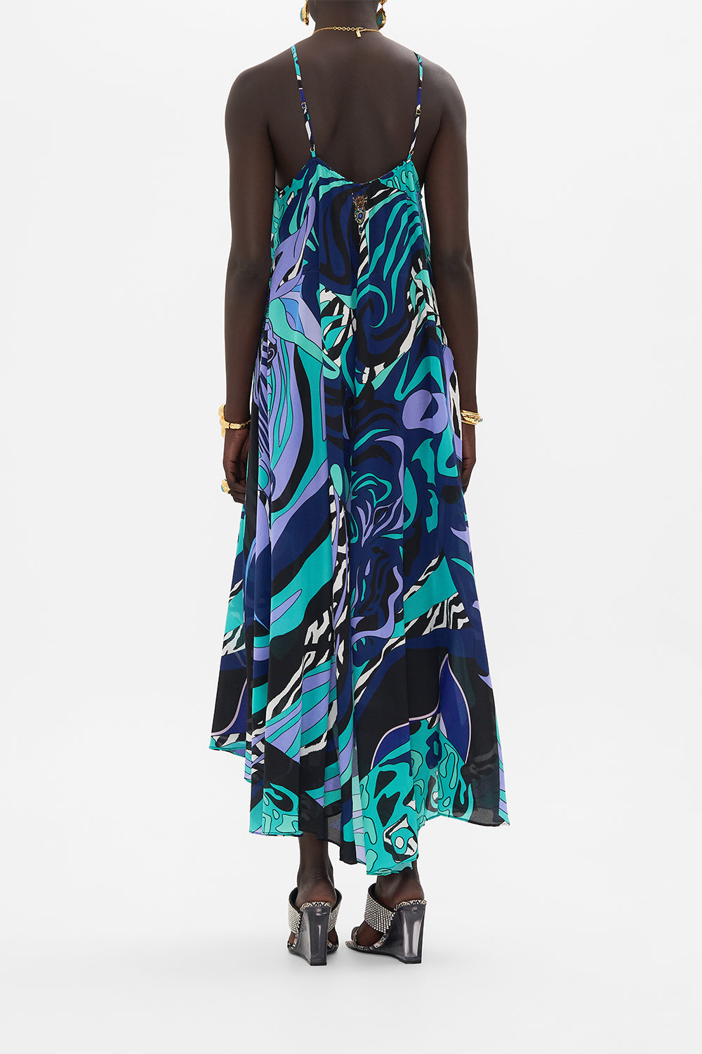 Back view of model wearing CAMILLA maxi dress in Fresco Fairytale print