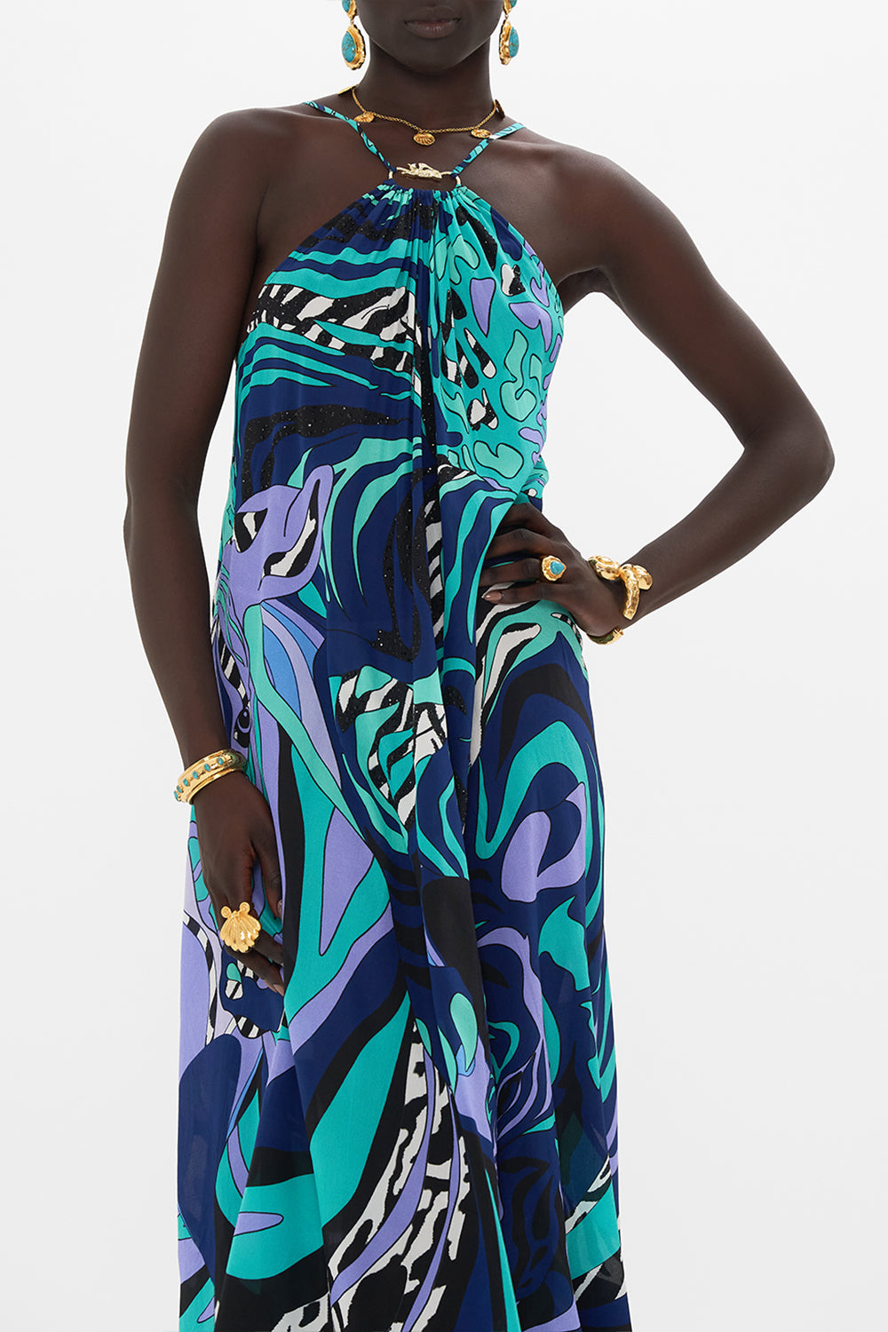 Crop view of model wearing CAMILLA maxi dress in Fresco Fairytale print