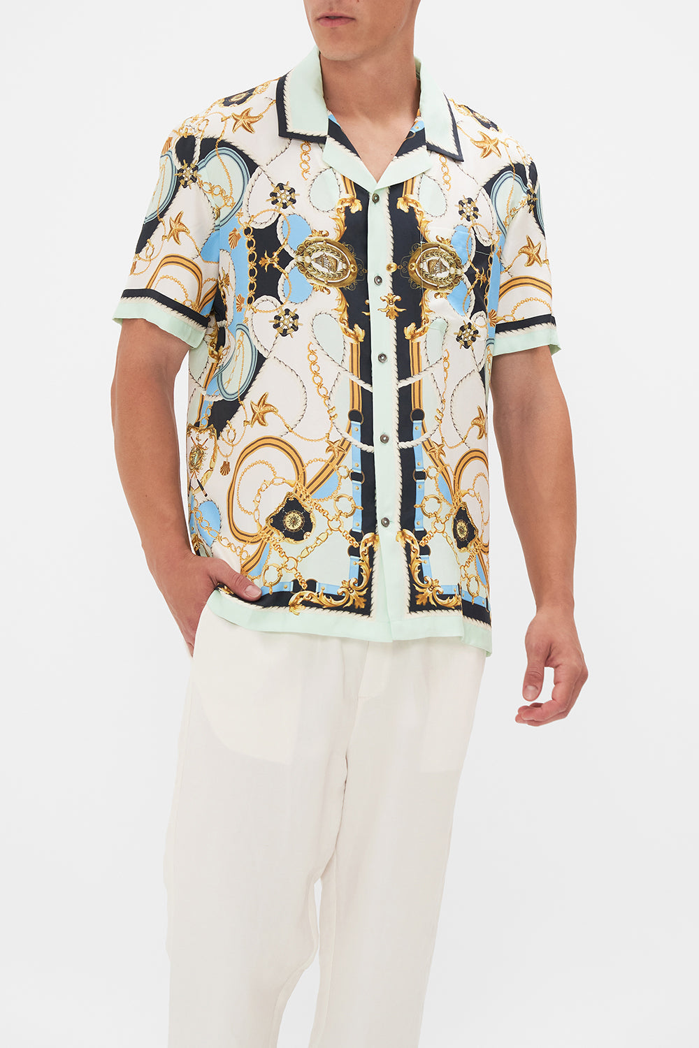 Crop view of model wearing Hotel Franks By CAMILLA mens shirt Sea Charm print