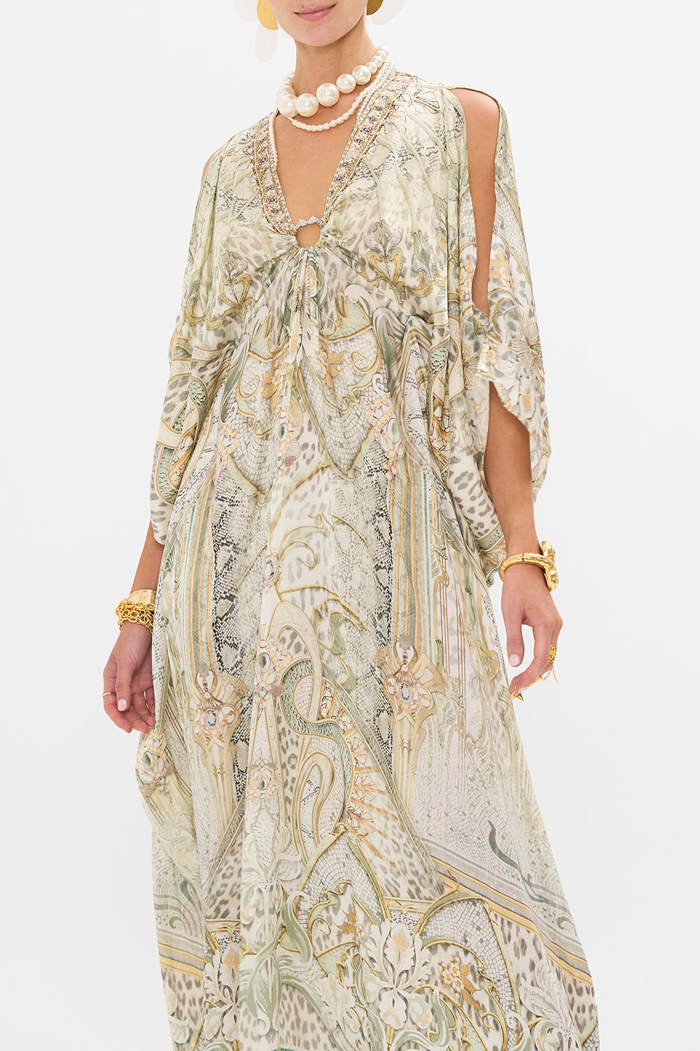 CAMILLA silk kaftan in Ivory Tower Tales print