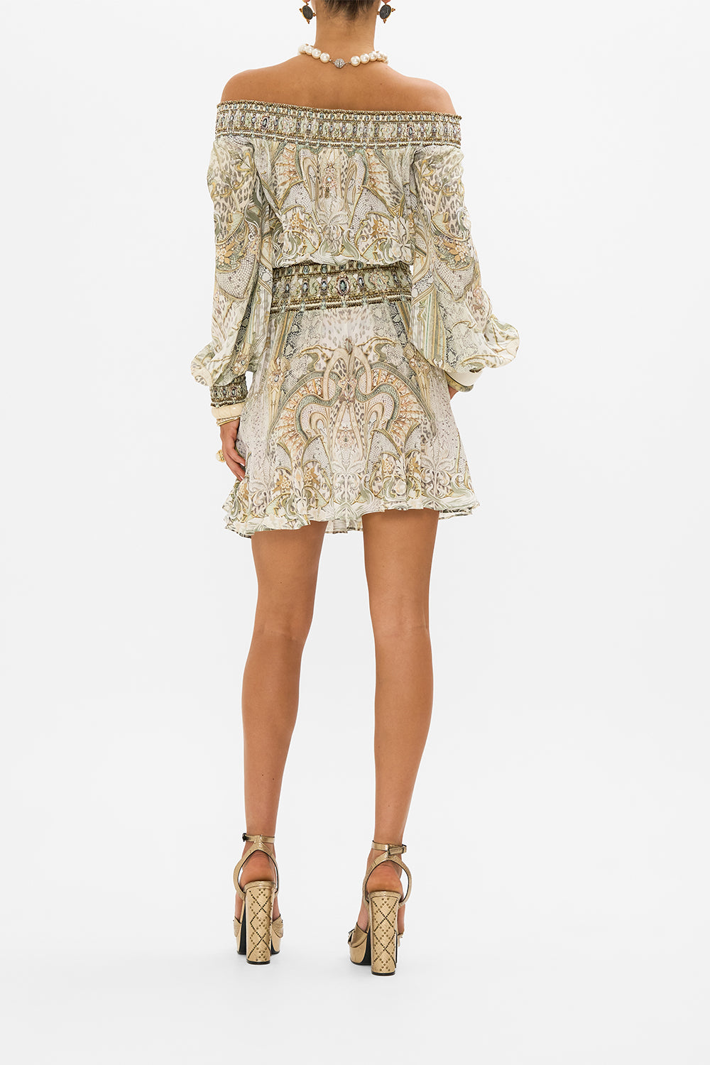 CAMILLA off the shoulder mini dress in Ivory Tower Tales print