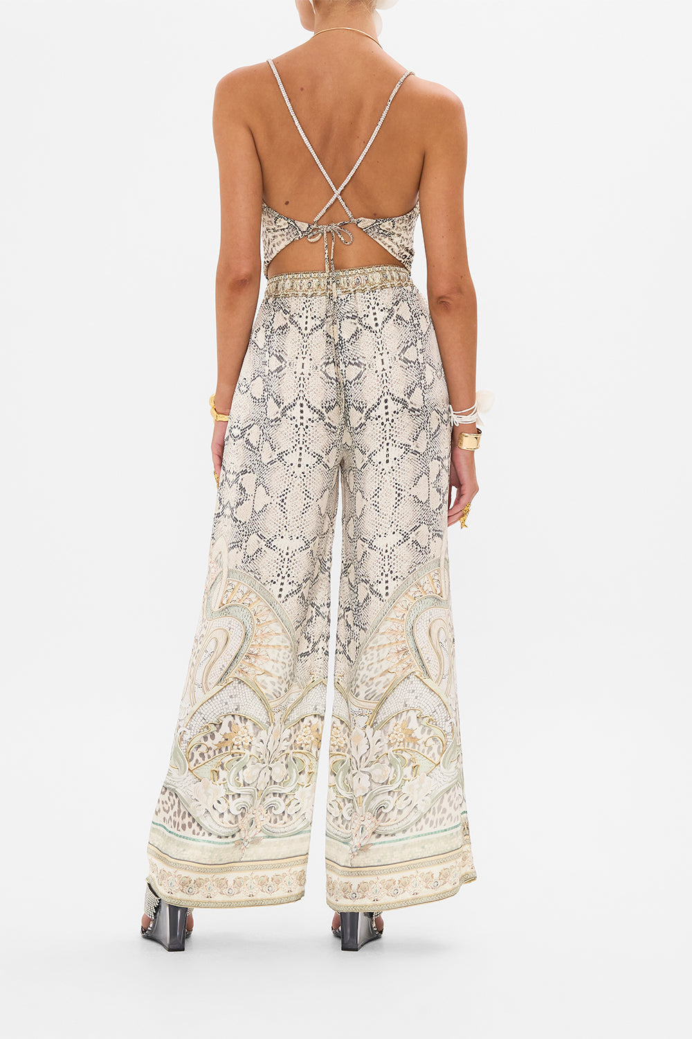 CAMILLA cowl neck jersey top in Ivory Tower Tales print