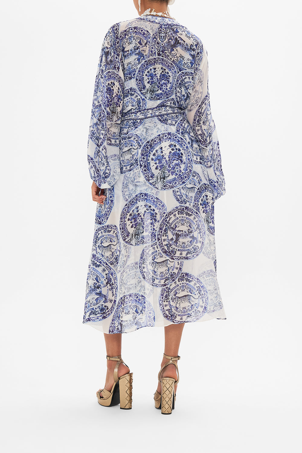 Back view of model wearing CAMILLA silk layer in Glaze and Graze print 