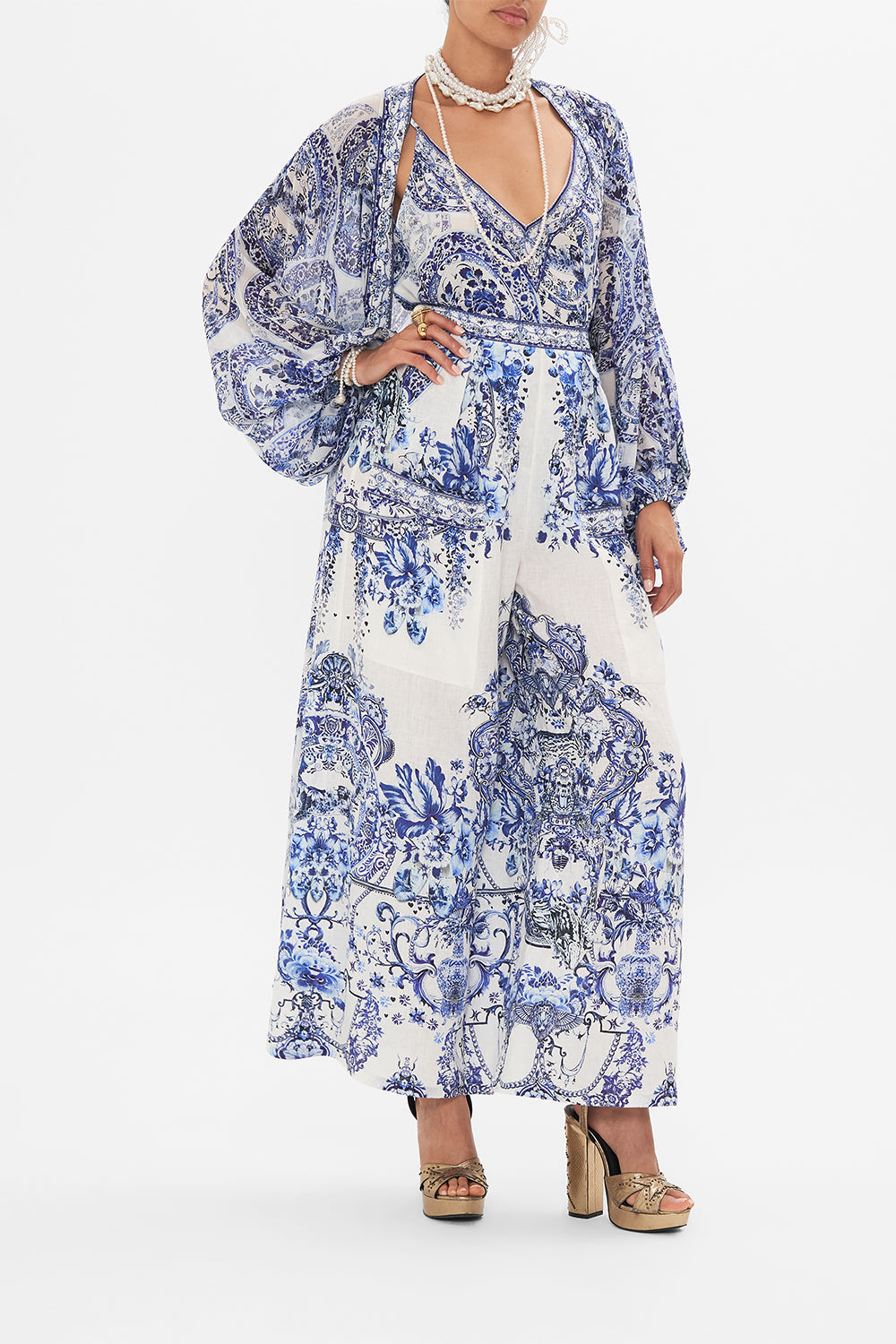 Back view of CAMILLA silk trouser in Glaze and Graze print 