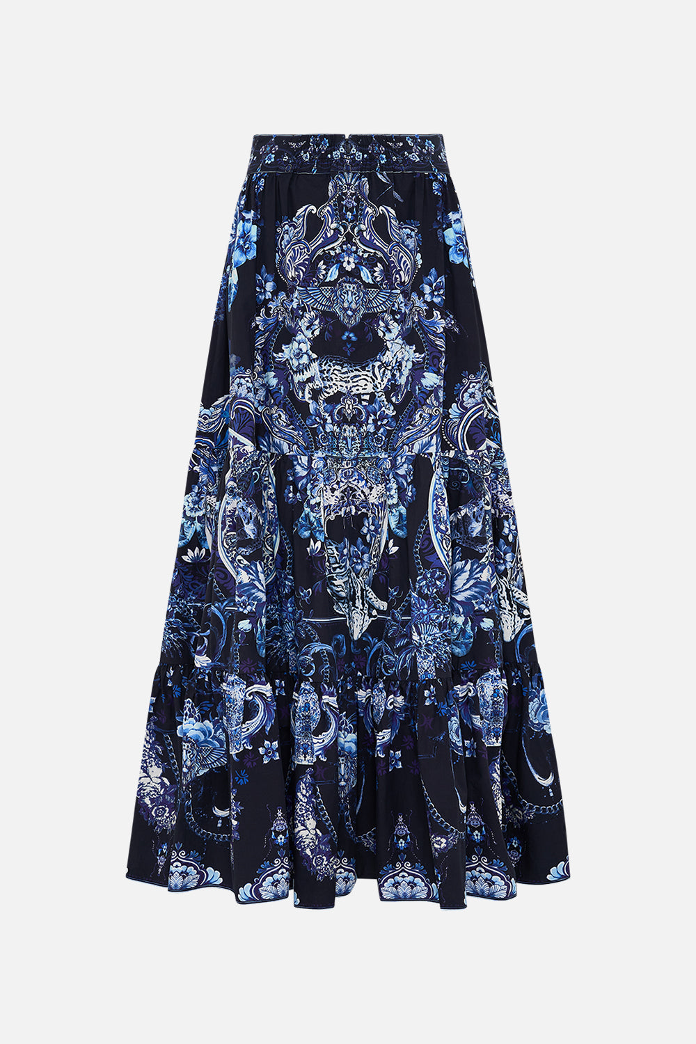 Back view of CAMILLA maxi skirt in Delft Dynasty print