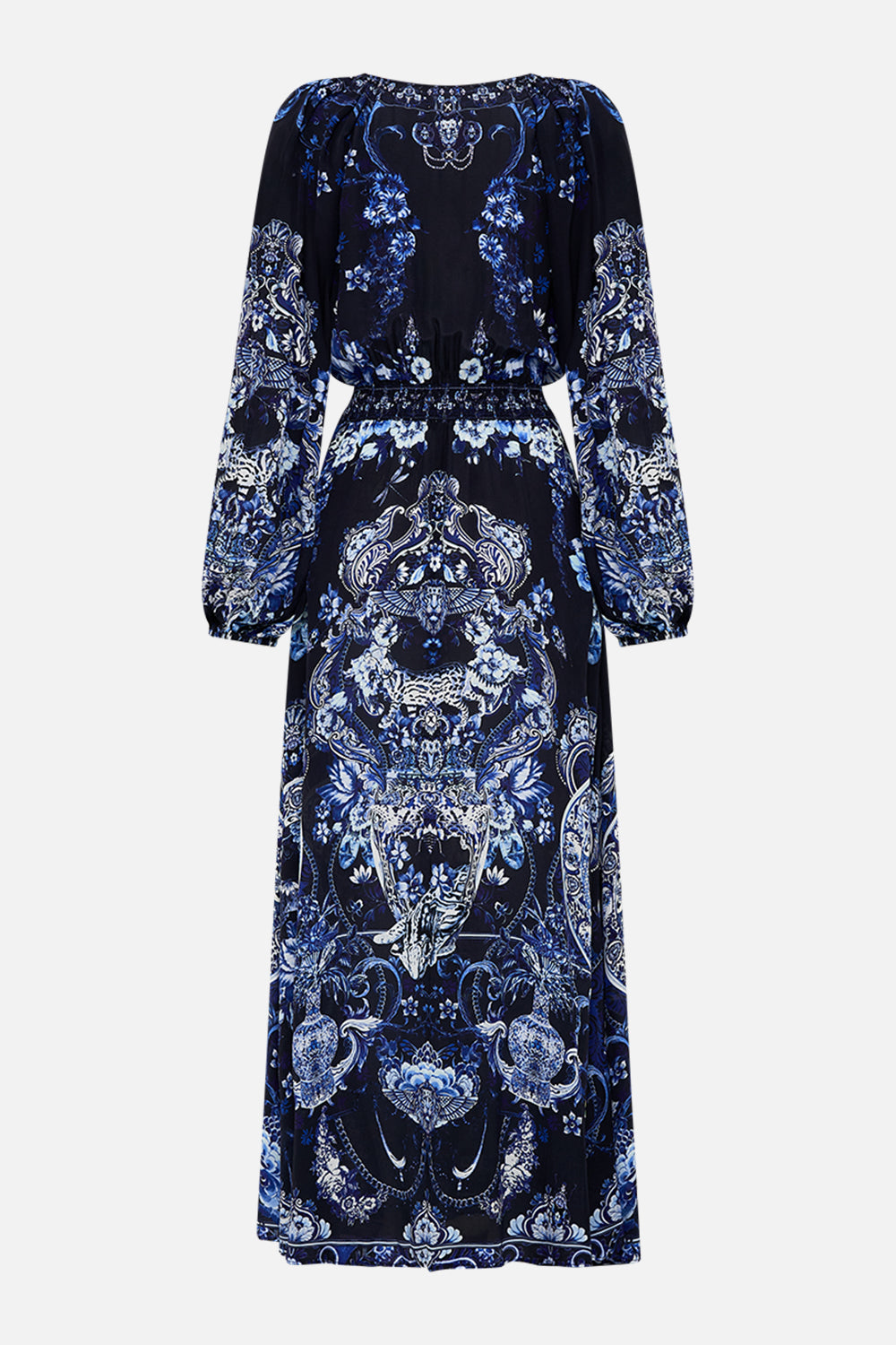 Back view of CAMILLA silk dress in Delft Dynasty print