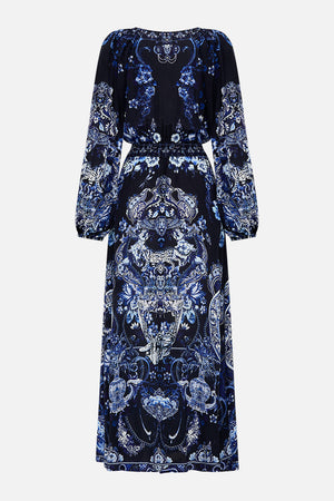 Back view of CAMILLA silk dress in Delft Dynasty print