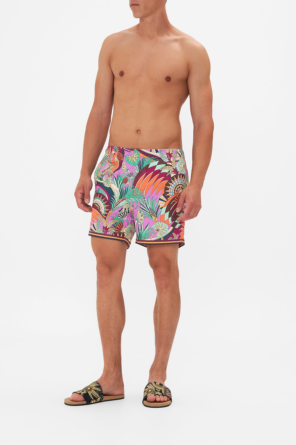 The CAMILLA SHIRRED WAIST PANT UNDER SCARAB SKIES in our  print.