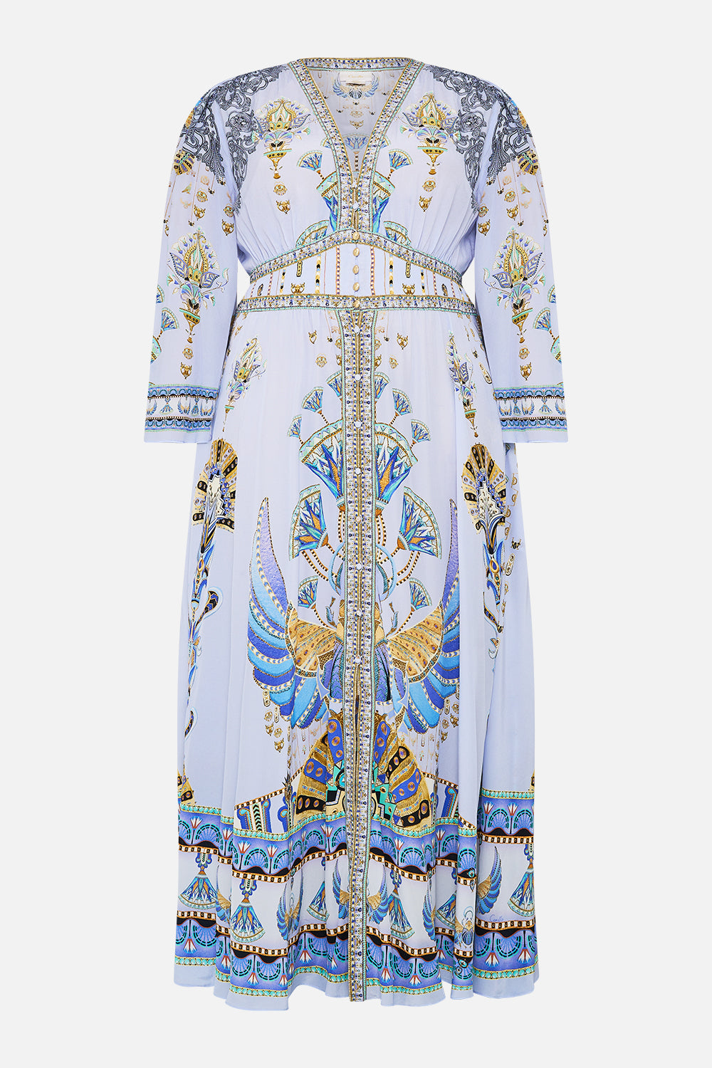KIMONO SLEEVE DRESS WITH SHIRRING DETAIL UNDER SCARAB SKIES