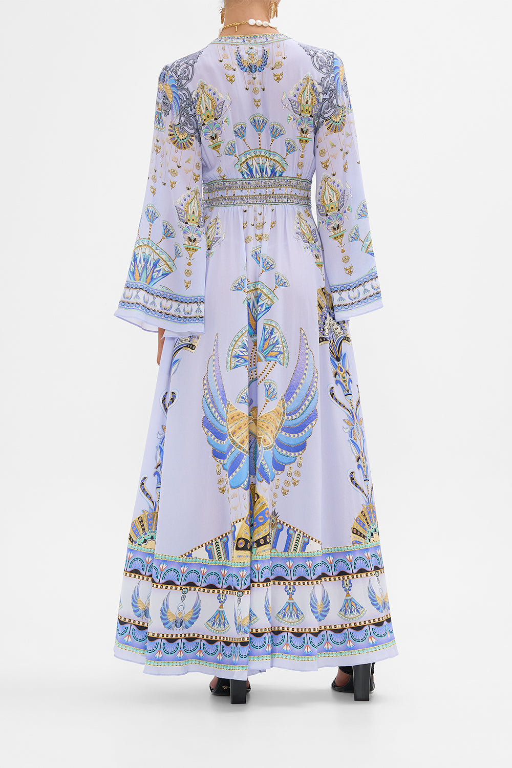 CAMILLA Kimono Sleeve Dress with Shirring Detail in Under Scarab Skies print