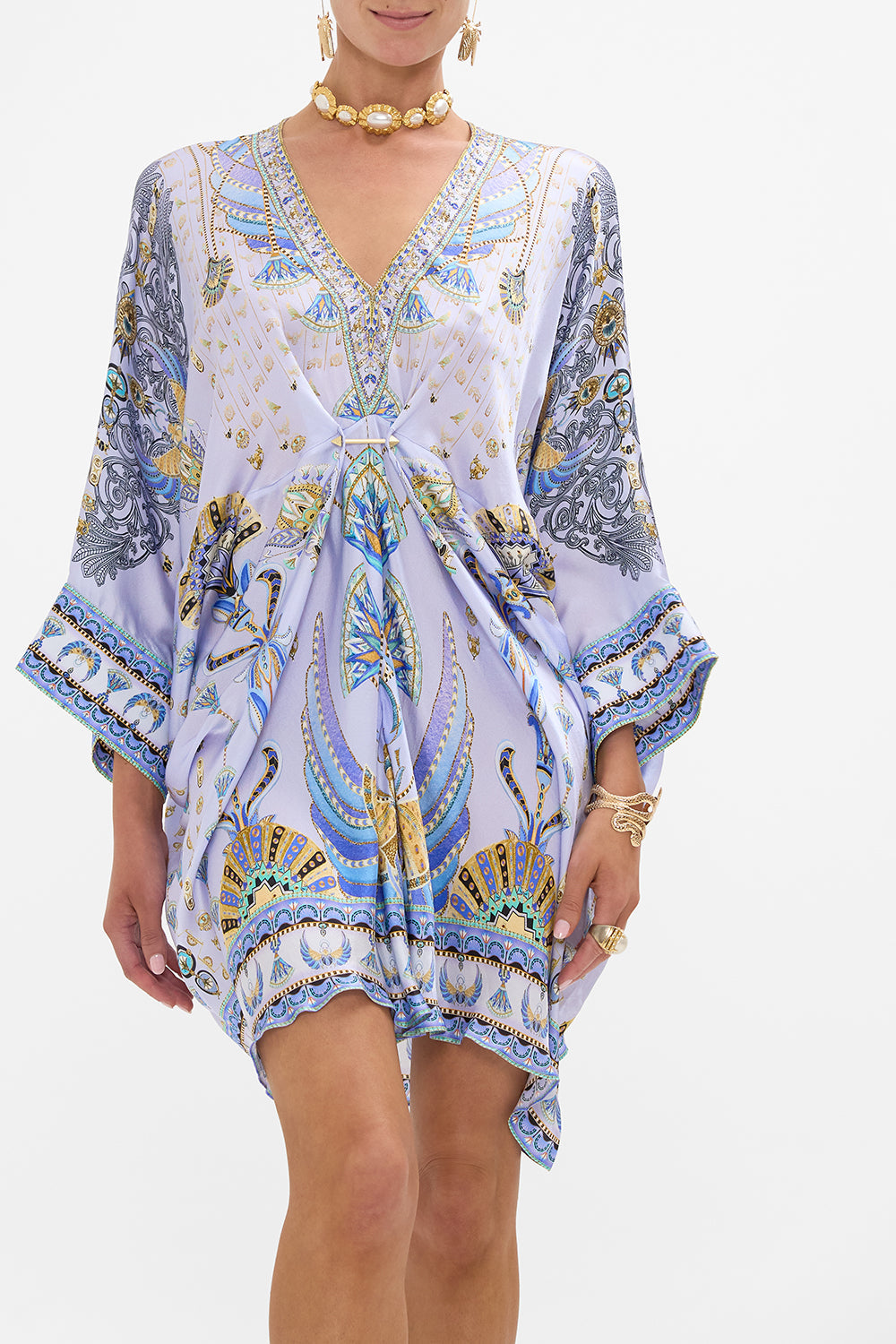 CAMILLA Lilac Pierced V-Neck Short Kaftan in Under Scarab Skies print