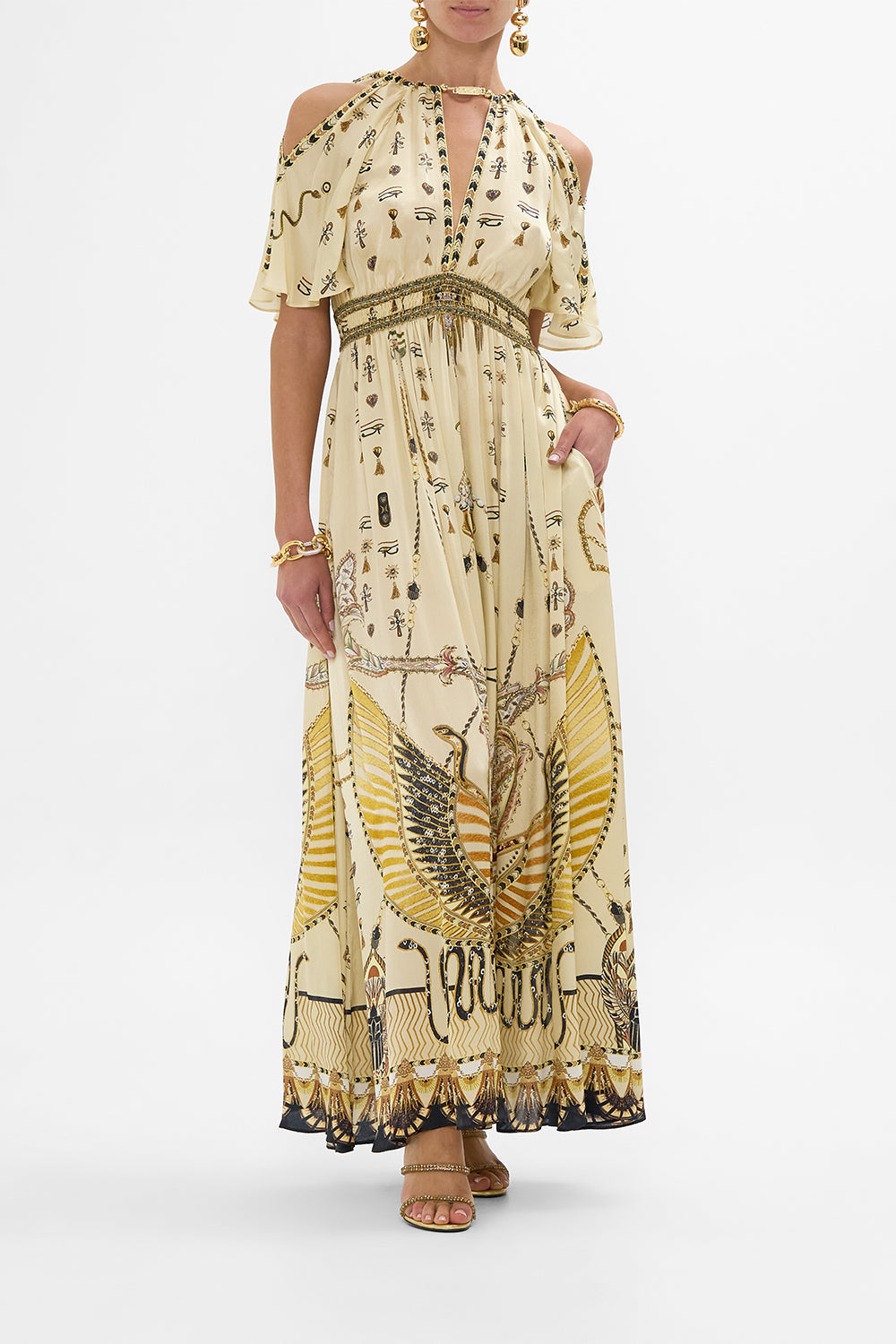 CAMILLA Gold Neck Piece Shirred Waist Long Dress in Gateway to the Afterlife Print