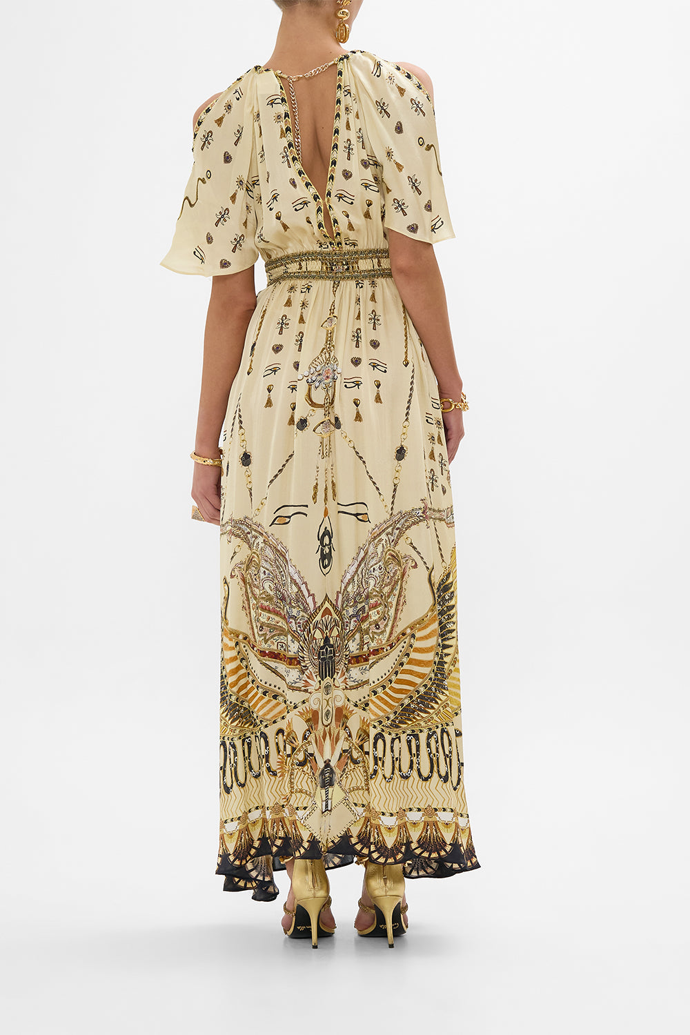 CAMILLA Gold Neck Piece Shirred Waist Long Dress in Gateway to the Afterlife Print