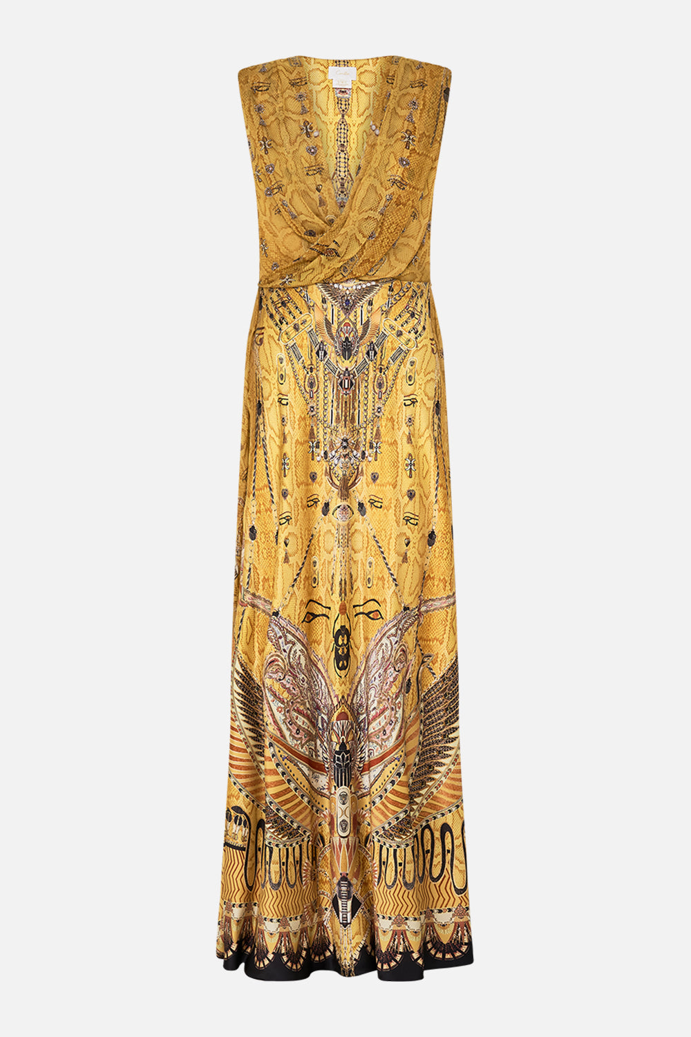 CAMILLA Gold Sleeveless Draped T-Back Long Dress in Valley of the Kings Print