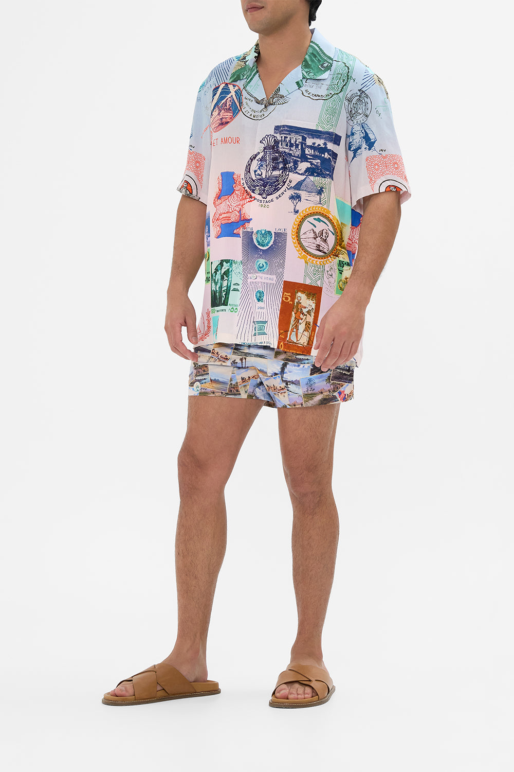 Hotel Franks By CAMILLA short sleeve camp collared shirt in Haute Passport print. 