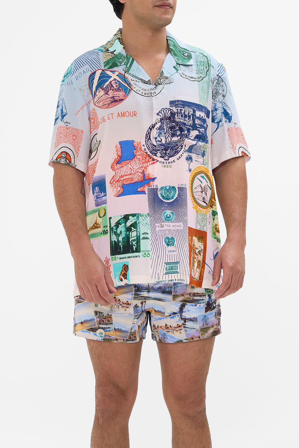 Hotel Franks By CAMILLA short sleeve camp collared shirt in Haute Passport print. 