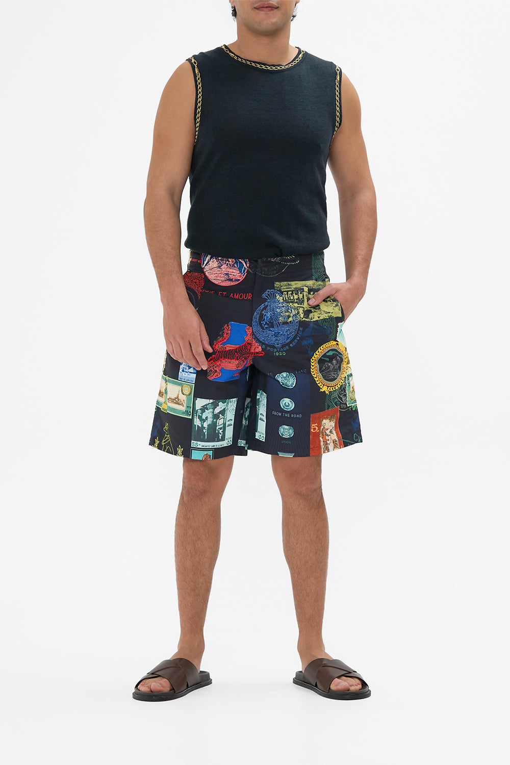 Hotel Franks By CAMILLA black mid length short in Landmarks and Love Letters print. 