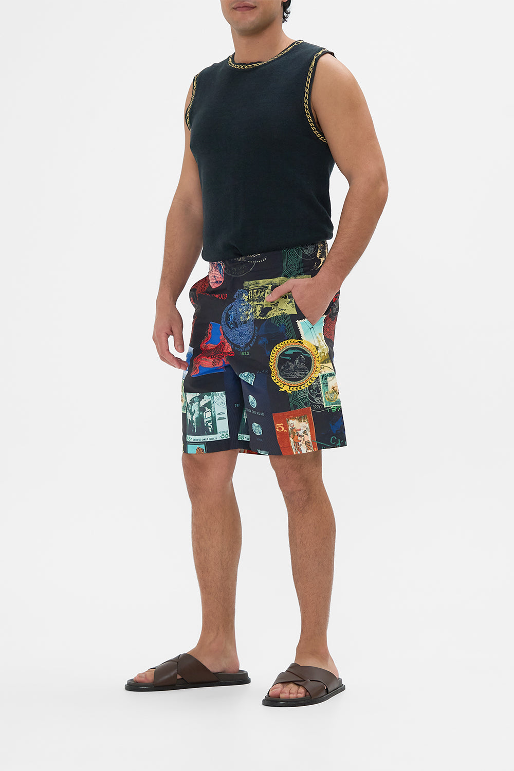 Hotel Franks By CAMILLA black mid length short in Landmarks and Love Letters print. 