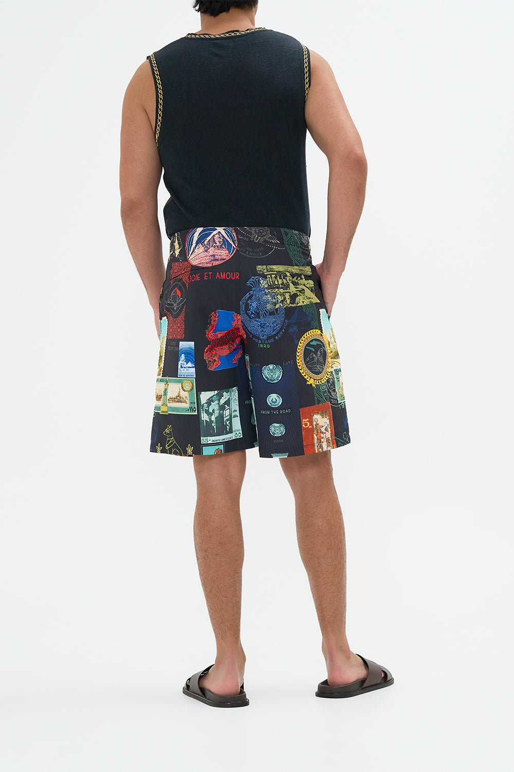 Hotel Franks By CAMILLA black mid length short in Landmarks and Love Letters print. 