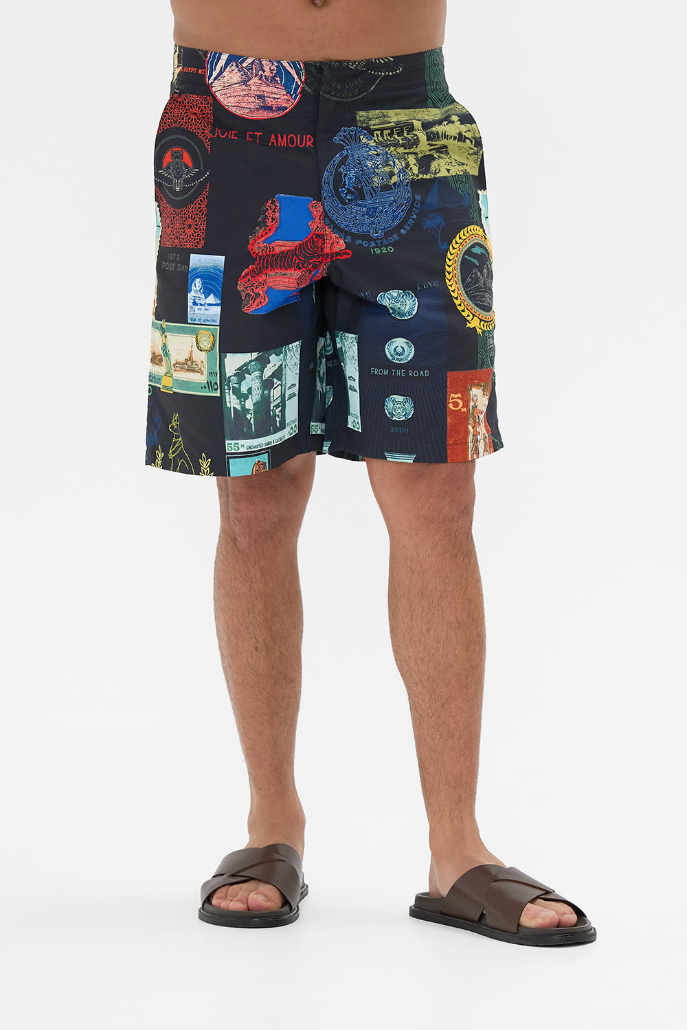 Hotel Franks By CAMILLA black mid length short in Landmarks and Love Letters print. 