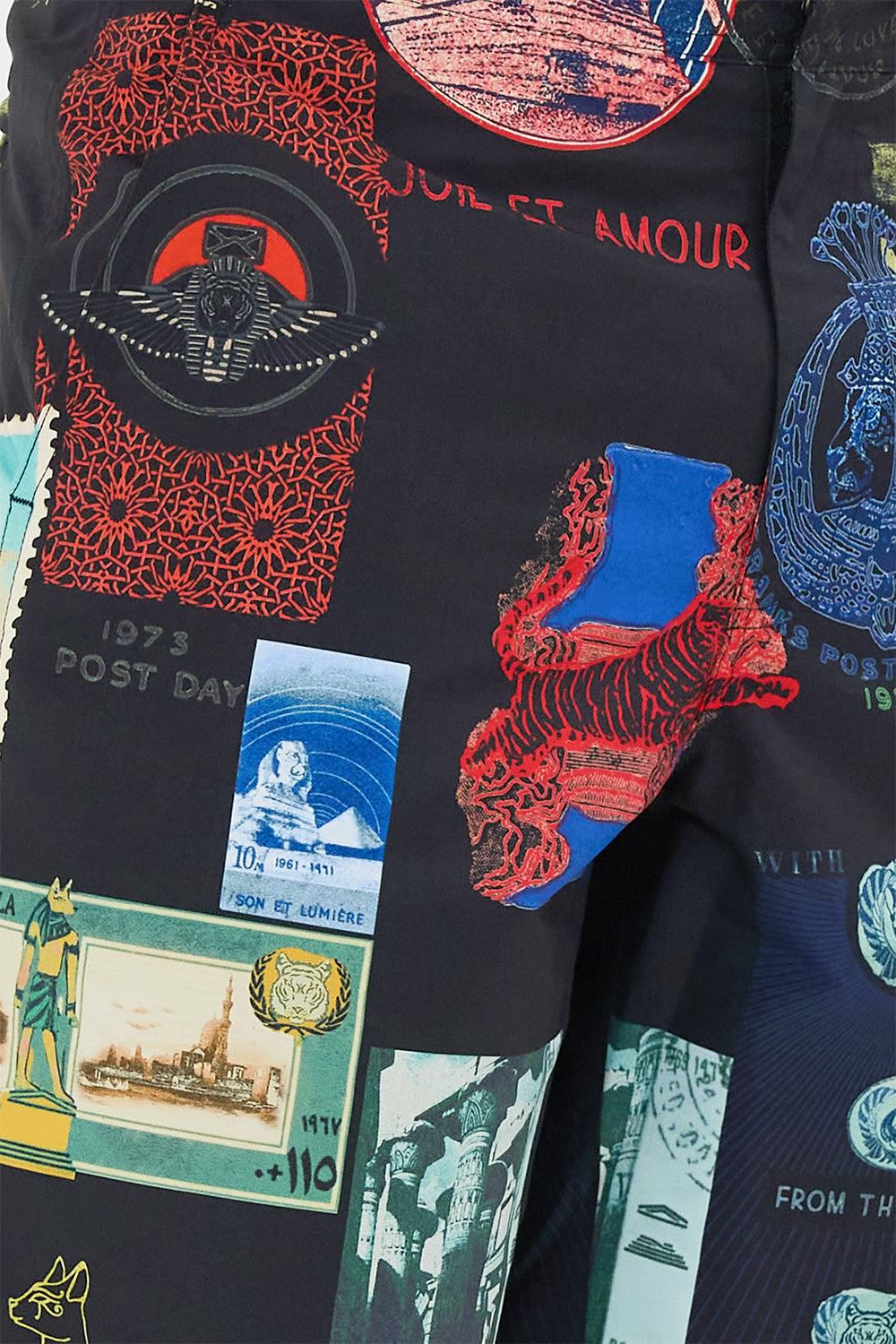 Hotel Franks By CAMILLA black mid length short in Landmarks and Love Letters print. 