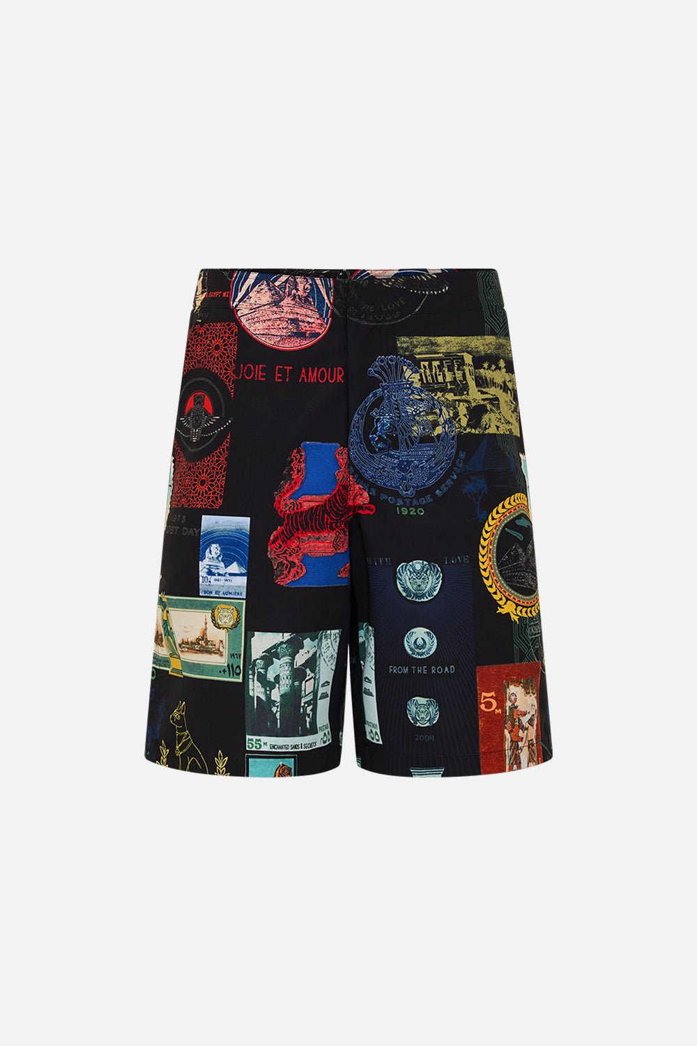 Hotel Franks By CAMILLA black mid length short in Landmarks and Love Letters print. 