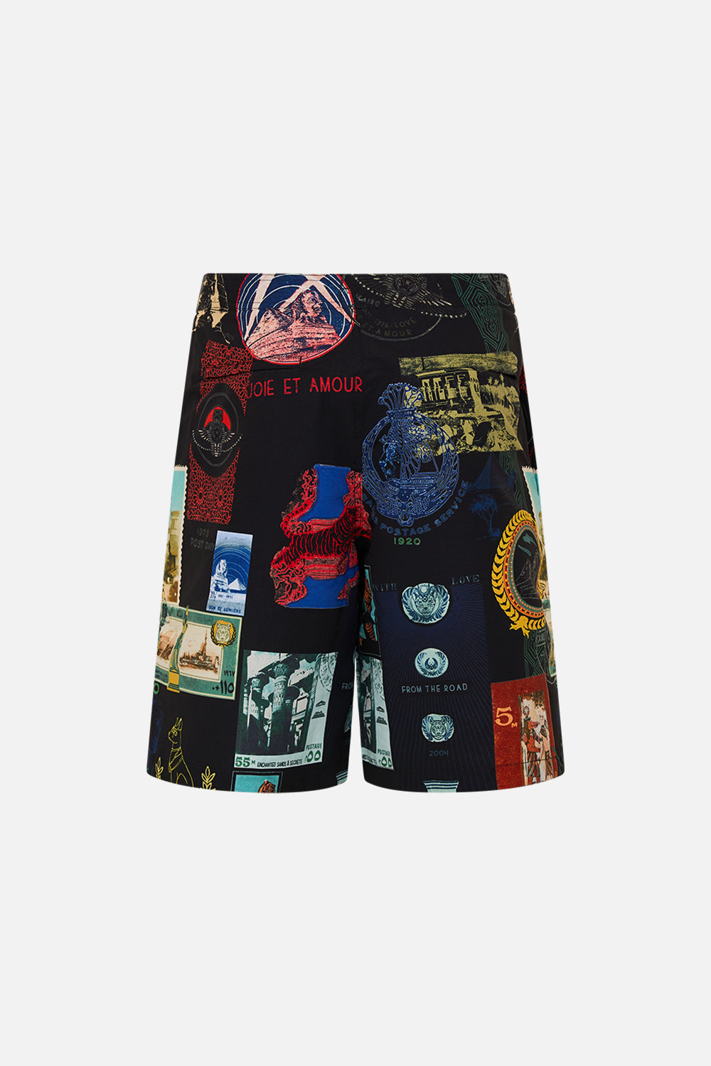 Hotel Franks By CAMILLA black mid length short in Landmarks and Love Letters print. 