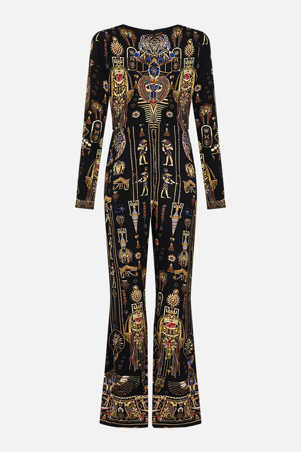 CAMILLA Draped V Neck Jersey Flared Jumpsuit in Cartouche Kingdom print. 