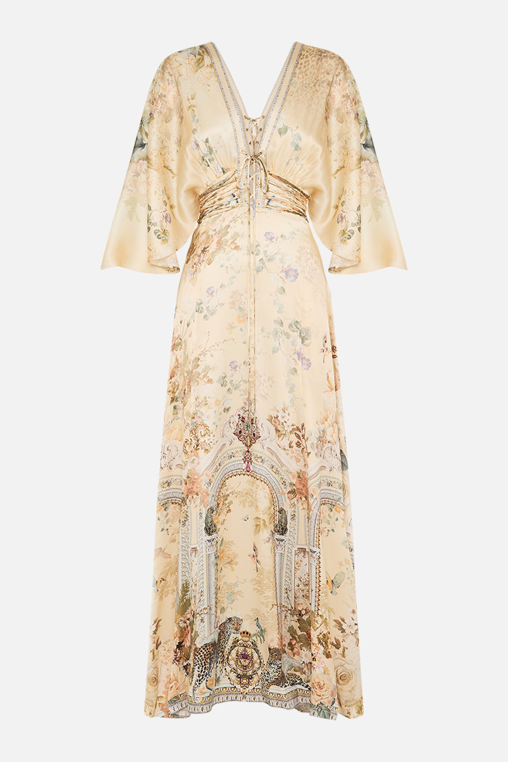 CAMILLA floral v neck lace detail long dress in Adorned in Antiquity print. 