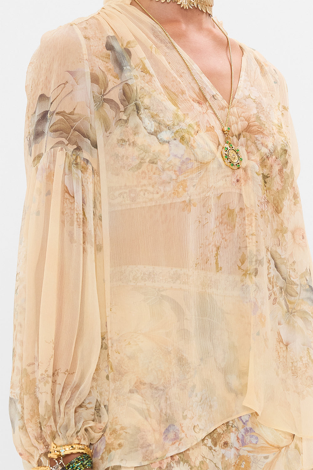 CAMILLA floral frill collared blouse in Adorned in Antiquity print. 