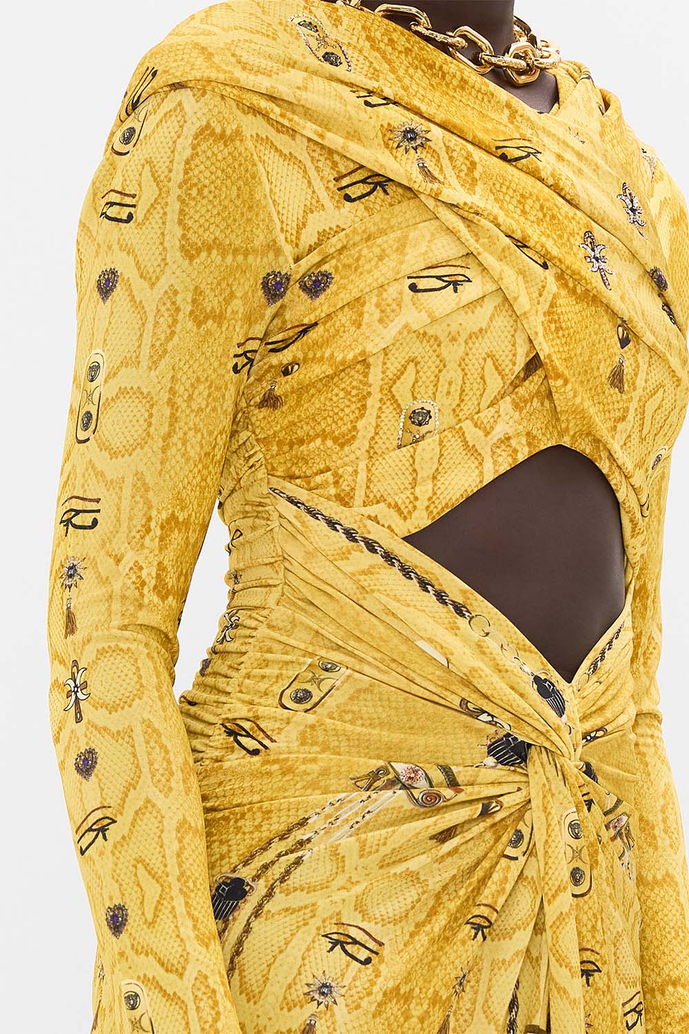 CAMILLA Gold Twist Front Jersey Hooded Dress in Valley of the Kings Print