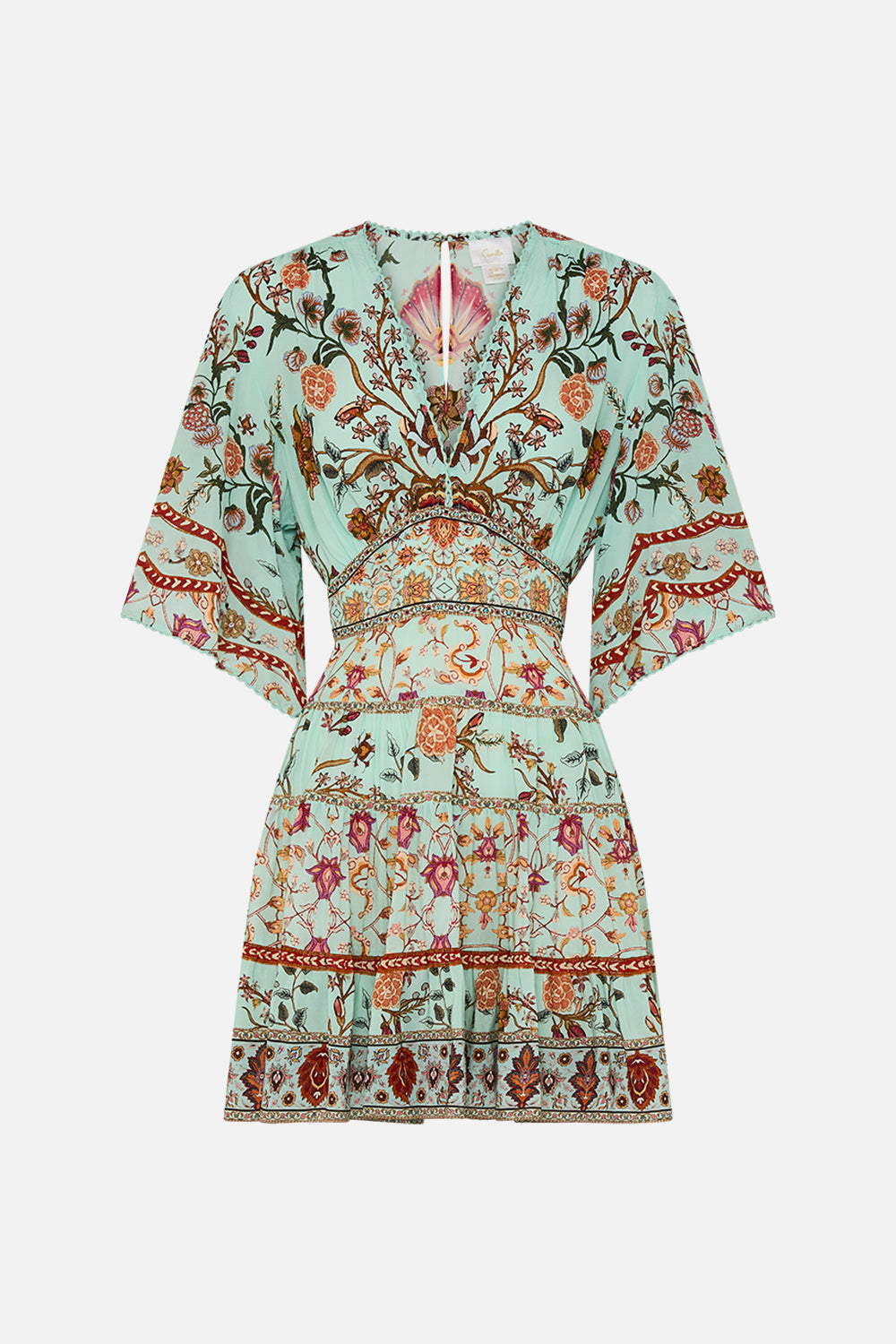 CAMILLA Tiered Skirt Mini Dress in Weaving Worlds print