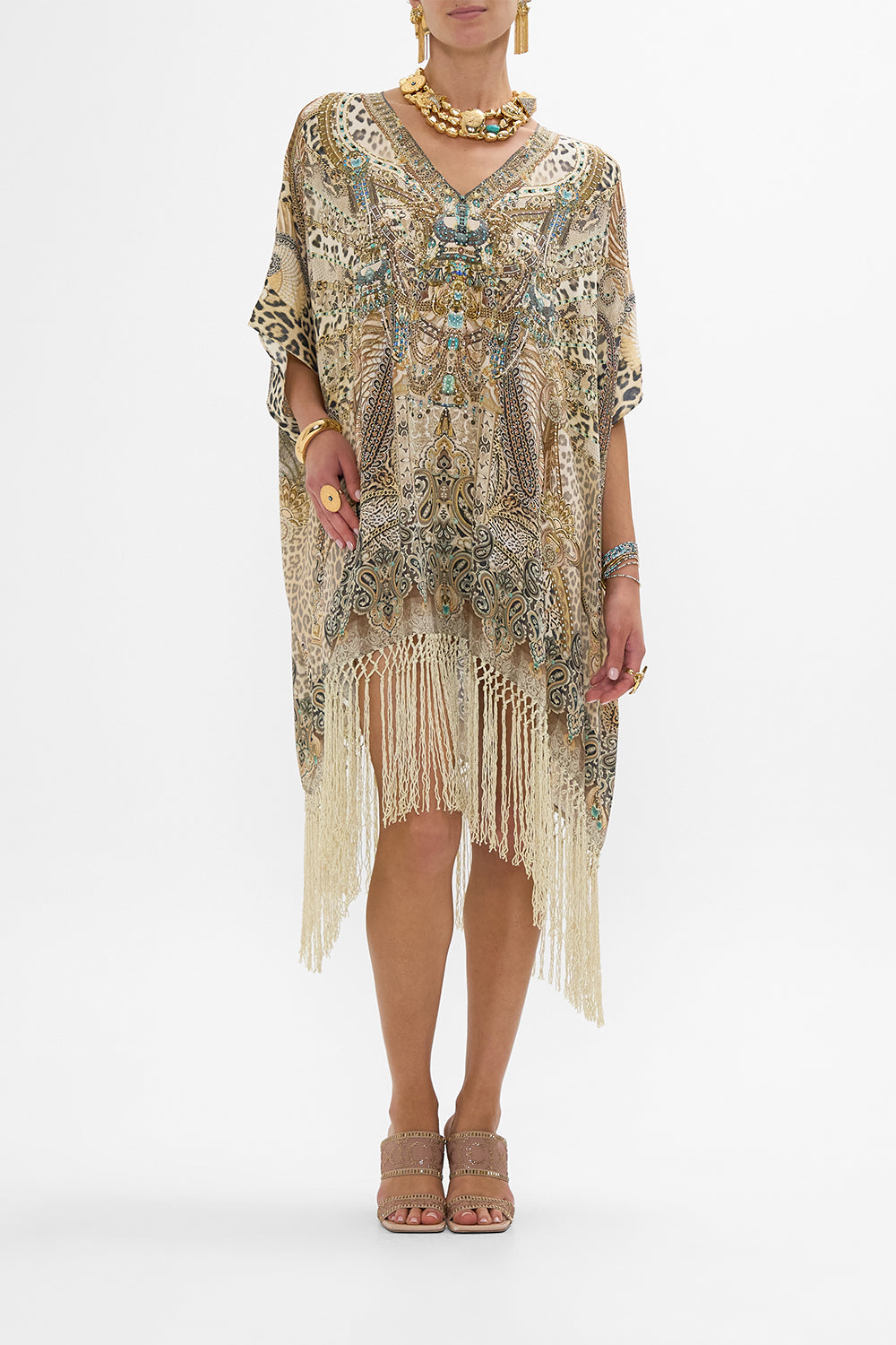 CAMILLA Rectangular V Neck Kaftan with Fringing in The Throne Room print
