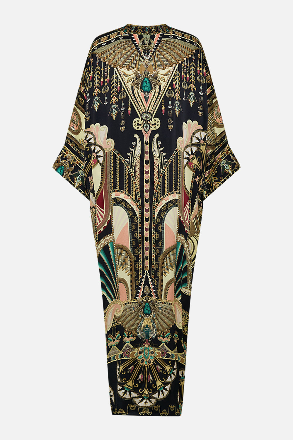 CAMILLA Black/Gold Pierced V-Neck Kaftan in They Called Her Nefertari print