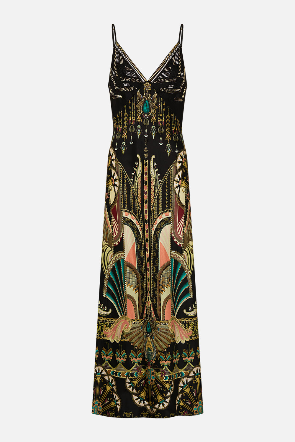 CAMILLA V-Neck Black/Gold Full Length Bias Slip Dress in They Called Her Nefertari print