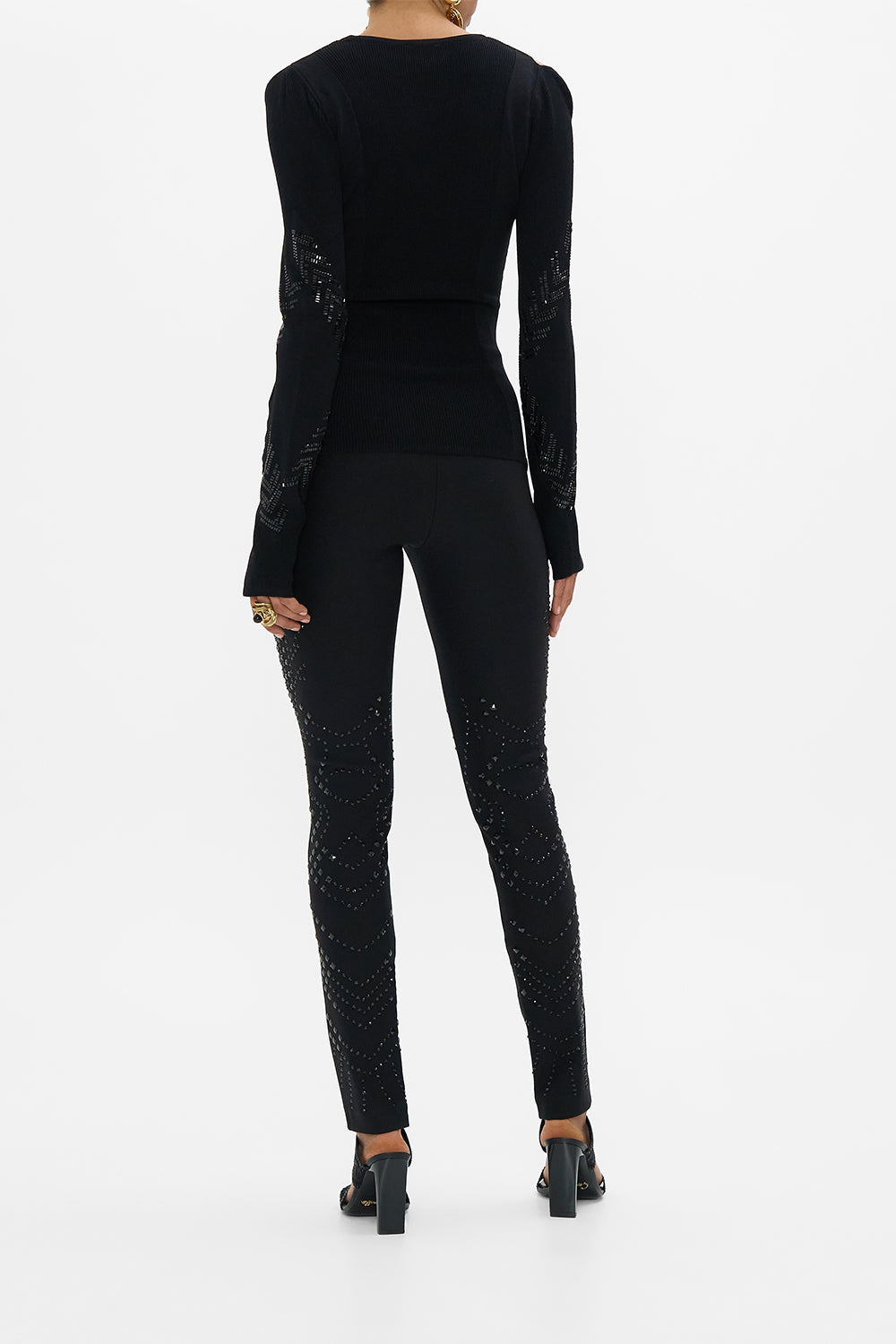 CAMILLA Engineered Cut Out Long Sleeve Knit Top in Cartouche Kingdom print. 