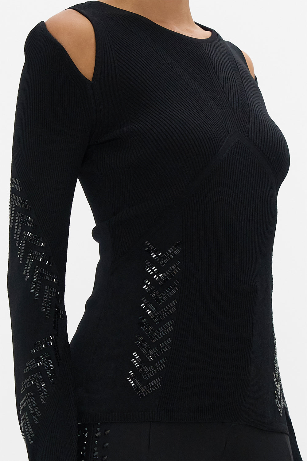 CAMILLA Engineered Cut Out Long Sleeve Knit Top in Cartouche Kingdom print. 