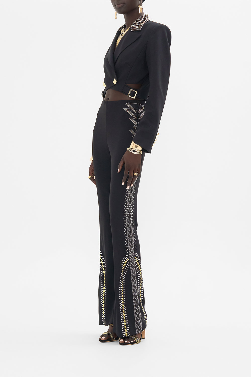 CAMILLA  Black/Gold Cropped Jacket with Cutout and Buckle Detail in They Called Her Nefertari print