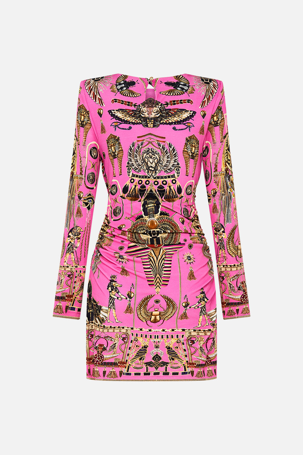 CAMILLA Asymmetrical Draped Long Sleeve Short Dress in Song of the Scarab print. 