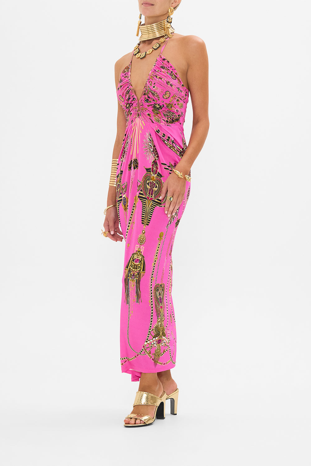 CAMILLA V Neck Gathered Jersey Dress in Song of The Scarab Print. 