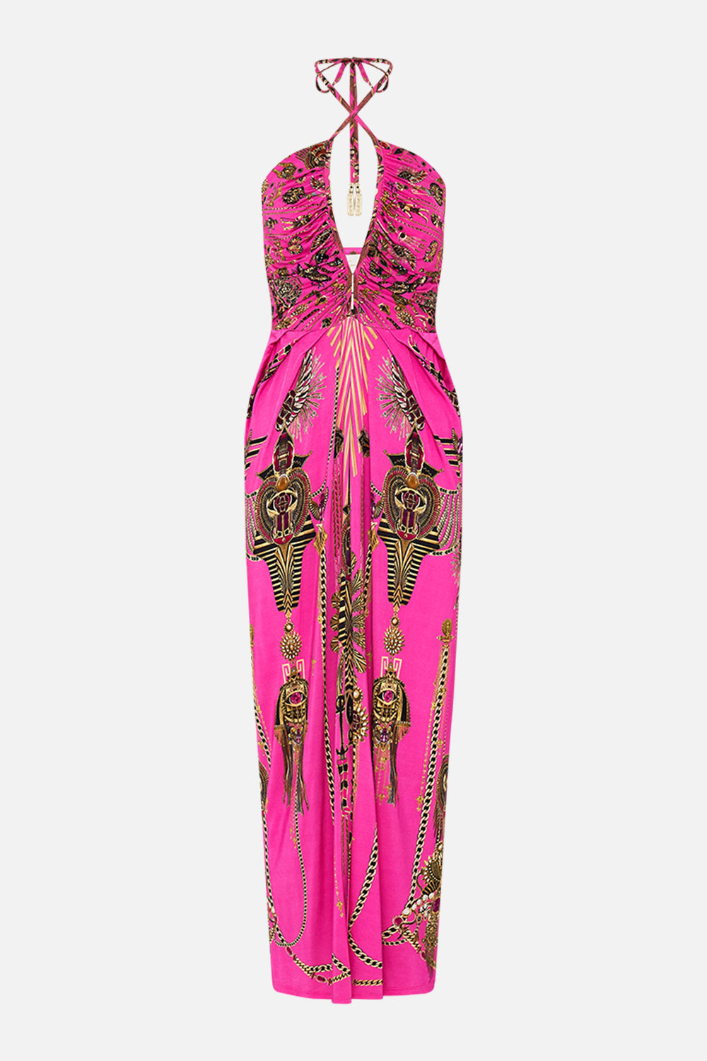 CAMILLA V Neck Gathered Jersey Dress in Song of The Scarab Print. 
